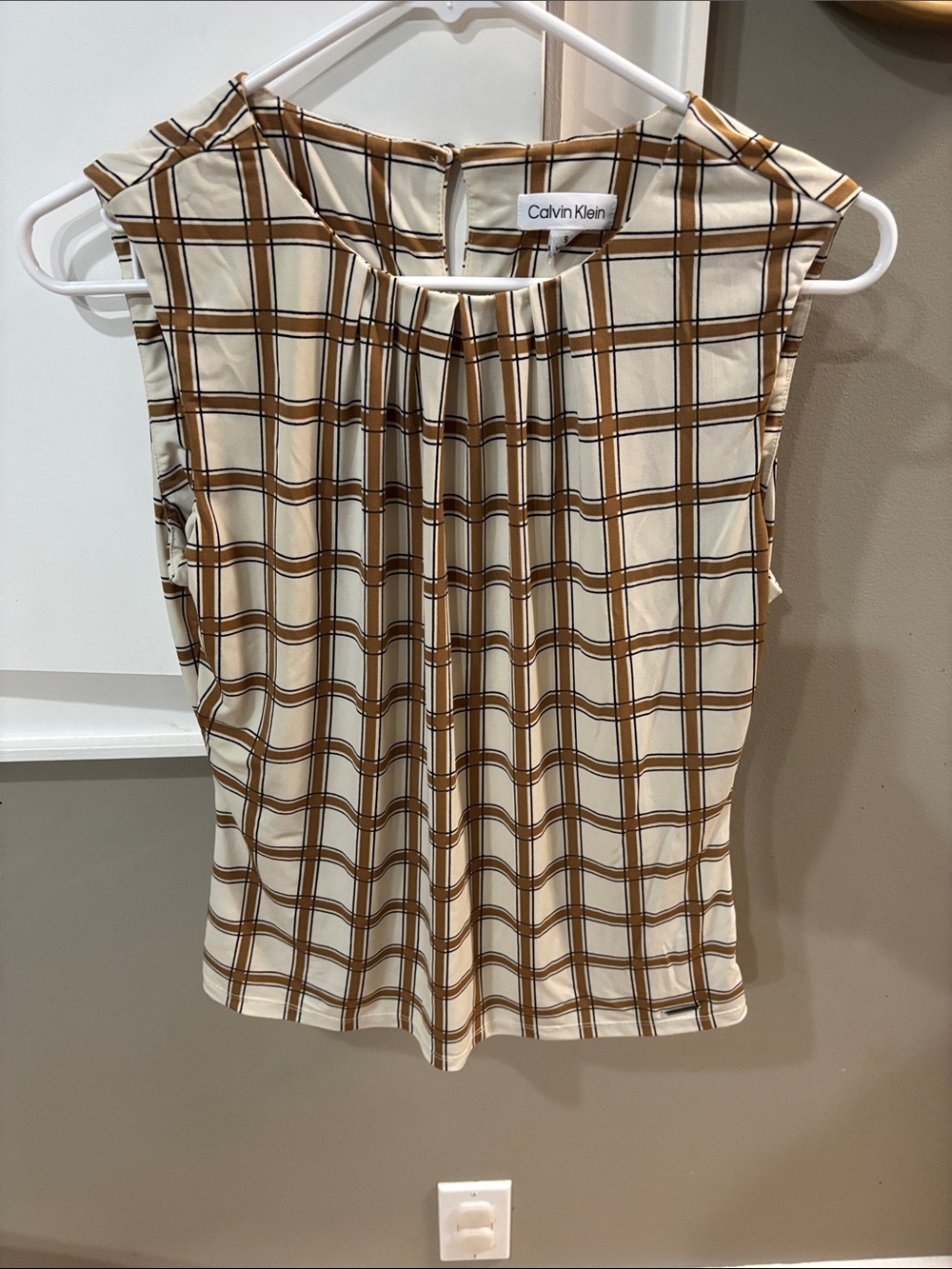 Calvin Klein Cream and Brown Plaid Sleeveless Camisole Top